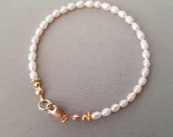 Tiny Freshwater Pearl Bracelet 14K Gold fill small real white rice pearl Bracelet simple pearl June Birthstone jewellery gift for her