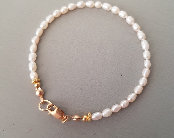 Tiny Freshwater Pearl Bracelet 14K Gold fill small real white rice pearl Bracelet simple pearl June Birthstone jewellery gift for her