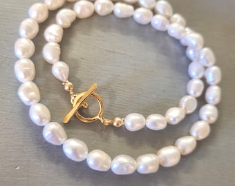White Baroque Freshwater Pearl choker necklace Gold Vermeil toggle clasp large 7mm pearl necklace REAL Pearl jewellery gift for her mum