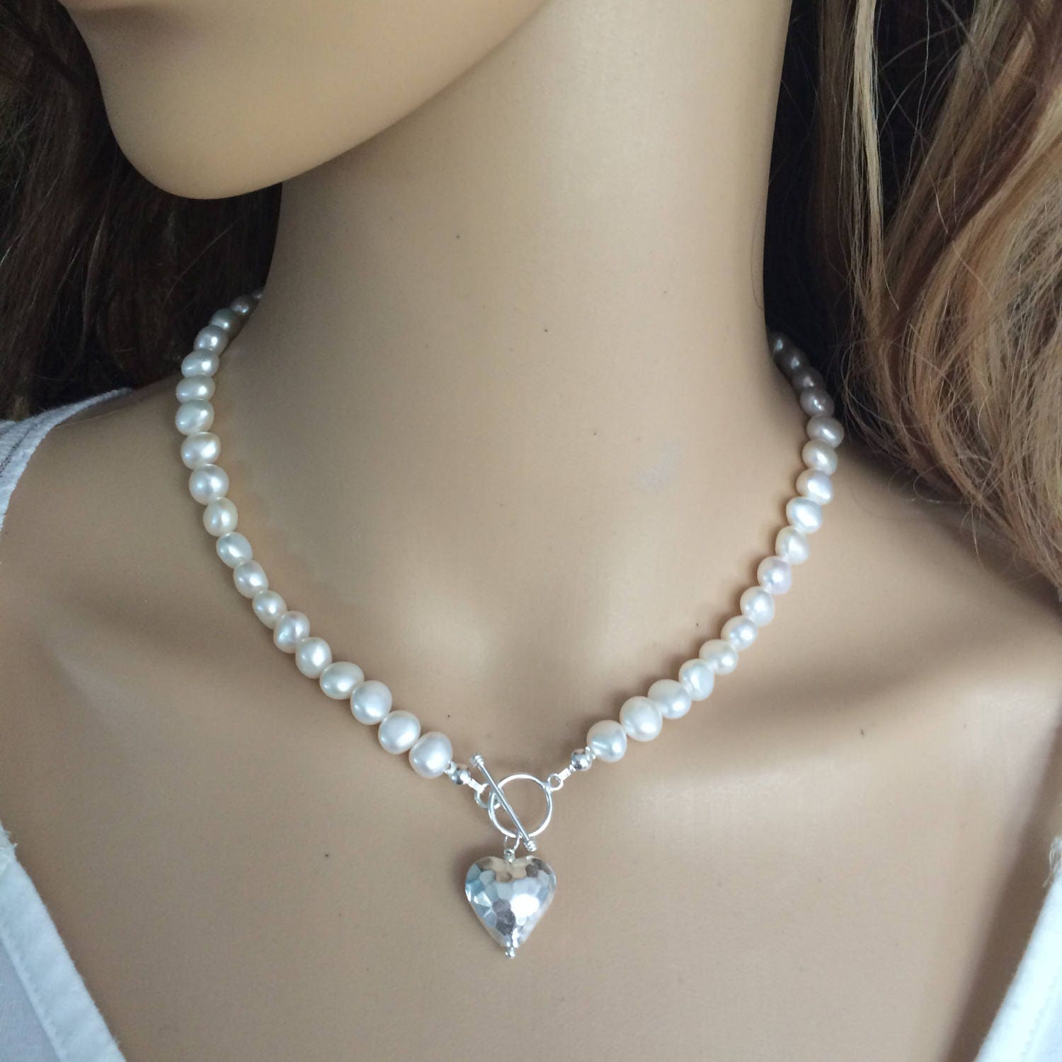 Freshwater Pearl necklace with Sterling Silver hammered heart and