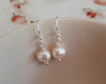 Simple White Freshwater pearl drop earrings Sterling Silver or 18K Gold Fill  simple real Baroque pearl earrings - gift for mum her