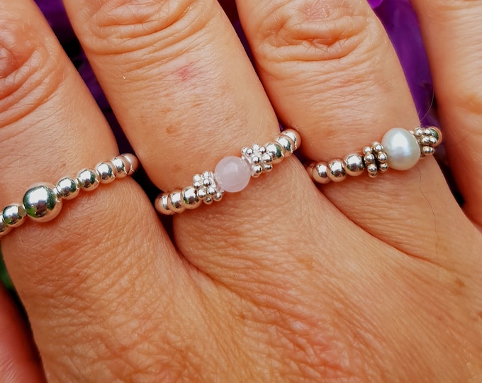 ROSE QUARTZ Sterling Silver STRETCH ring or 14K Gold Fill Tiny pink gemstone bead ring stacking ring - January Birthstone jewellery gift her