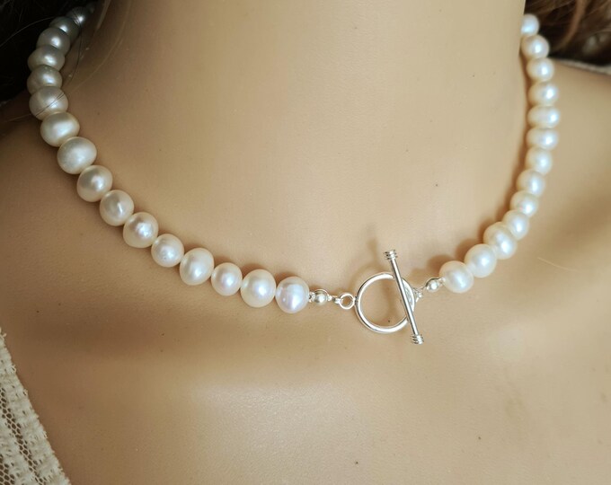 White Baroque Freshwater Pearl necklace Sterling Silver 7mm large real AA Baroque pearl necklace June Birthstone jewellery gift for mum her