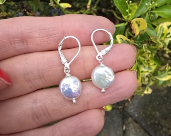 Freshwater pearl coin earrings Sterling Silver / Gold 10mm real pearl bridal earrings June Birthstone jewellery  3rd & 30th anniversary gift