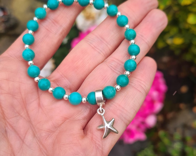 Turquoise STRETCH Bracelet Sterling Silver Starfish 6mm blue green Turquoise GEMSTONE bead Bracelet December Birthstone jewellery gift her