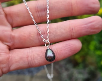 Black Freshwater Pearl drop necklace choker Sterling Silver real Peacock pearl teardrop pendant necklace June Birthstone jewellery gift her