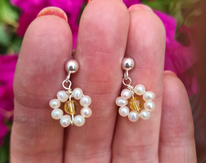 Freshwater pearl flower earrings Sterling Silver small real white pearl daisy earrings June Birthstone jewellery gift for her girl mum