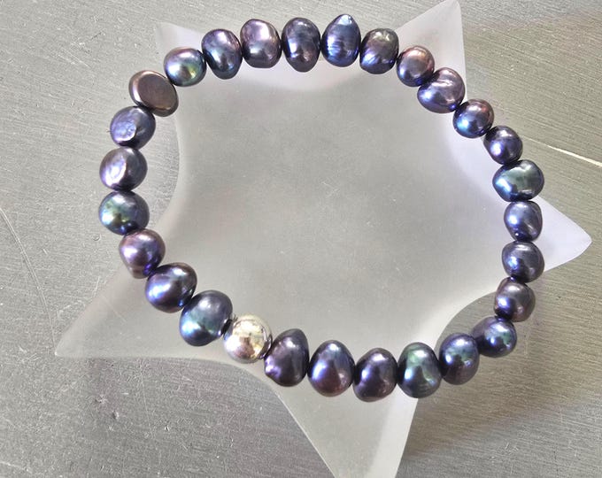 PEACOCK Black FRESHWATER Pearl STRETCH bracelet Sterling Silver or Gold 7mm Baroque pearl bracelet real June Birthstone jewellery gift