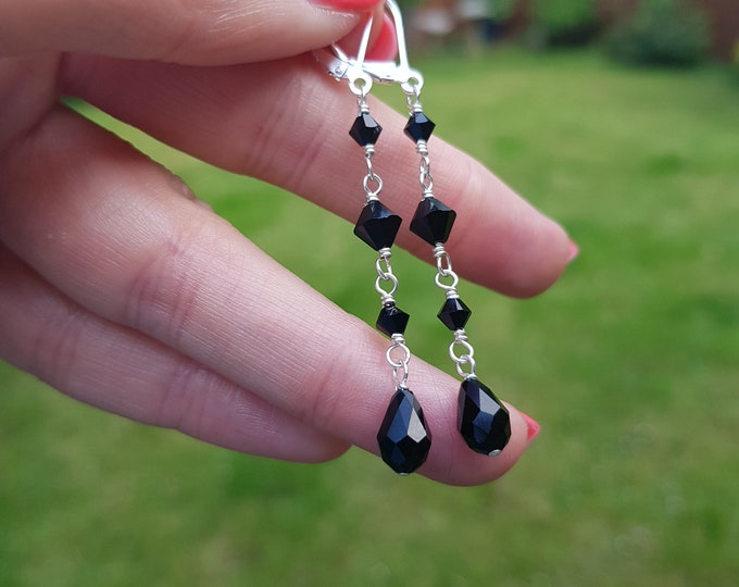 Long Black Swarovski crystal teardrop earrings Sterling Silver or Gold hooks leverbacks or studs  wire wrapped black Swarovski jewelry gift