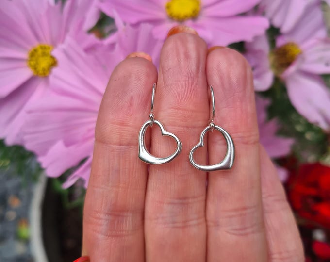 Sterling Silver open heart earrings hooks Silver heart earrings Handmade Silver heart earrings 925 Silver jewellery gift for mum girlfriend