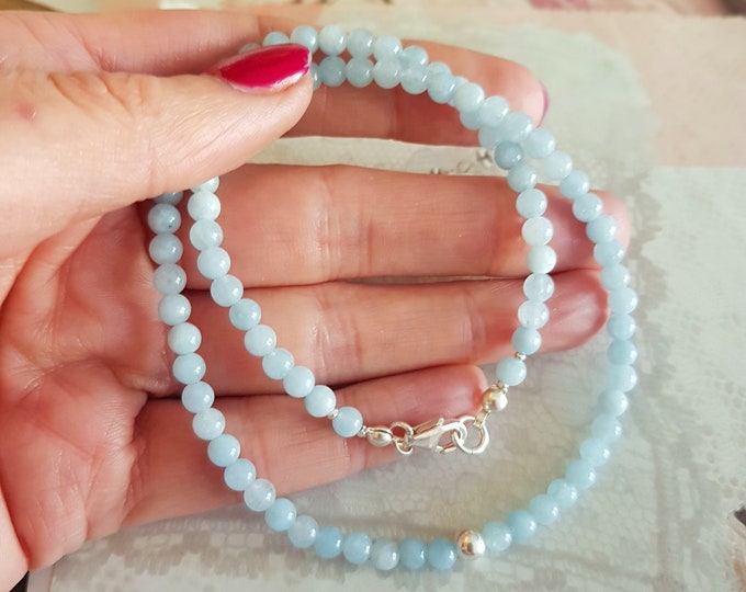 Tiny Aquamarine necklace choker Sterling Silver or 14K Gold Fill - March Birthstone jewellery gift
