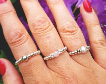 ROSE QUARTZ Sterling Silver STRETCH ring or 14K Gold Fill Tiny pink gemstone bead ring stacking ring - January Birthstone jewellery gift her