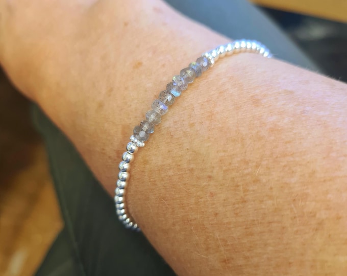 Tiny LABRADORITE Bracelet Sterling Silver 4mm beaded grey Labradorite gemstone Bracelet yoga CHAKRA crystal healing jewellery gift