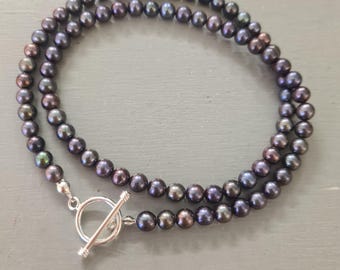 Peacock Black Freshwater Pearl necklace choker Sterling Silver 5-6mm real black pearl necklace or choker June Birthstone jewellery gift her