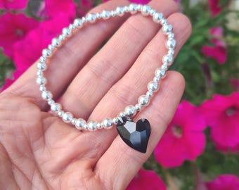 Sterling Silver Black Swarovski crystal heart stretch bracelet Silver bead bracelet Swarovski jewellery gift for her teenage girl friend mum