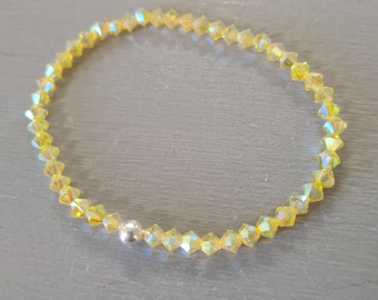 Yellow crystal stretch bracelet Sterling Silver Gold Fill or diamante tiny 4mm Yellow AB crystal bracelet beaded jewellery gift for her girl