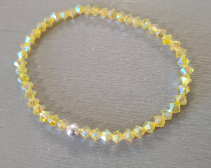 Yellow crystal stretch bracelet Sterling Silver Gold Fill or diamante tiny 4mm Yellow AB crystal bracelet beaded jewellery gift for her girl