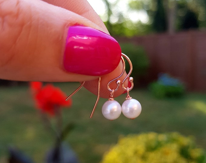 Tiny Freshwater pearl drop earrings 14K Gold Fill  Rose Gold / Sterling Silver simple AA real pearl earring white earrings gift for girl mum