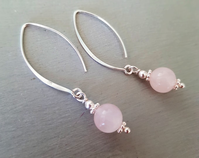 Sterling Silver Rose Quartz earrings long hook pink gemstone drop earrings January birthstone gift Chakra beaded yoga Rose Quartz jewelry