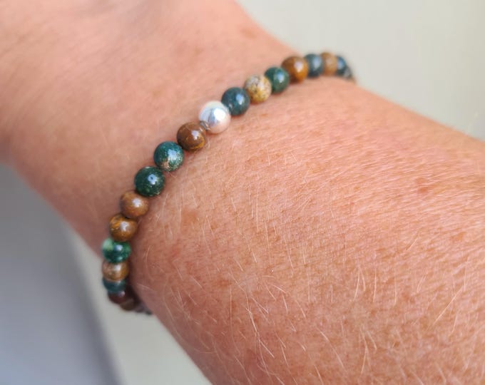 Tiny Ocean Jasper stretch bracelet Sterling Silver or Gold Fill natural 4mm Green brown gemstone bead Bracelet Heart Chakra jewellery gift