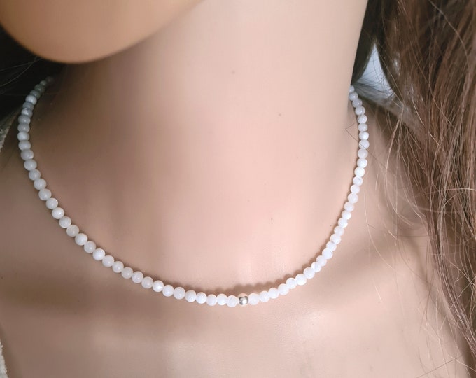 Mother of Pearl necklace choker with Sterling Silver or 14K Gold Fill bead - white beaded MOP gemstone jewellery gift