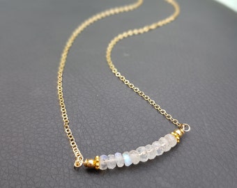 Gold Fill Moonstone necklace choker or Sterling Silver real tiny 4mm  AA Moonstone gemstone bar necklace June Birthstone jewellery gift