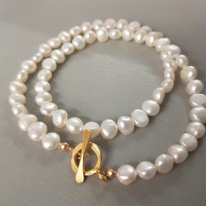 White Baroque Freshwater Pearl choker necklace Gold Vermeil toggle clasp large pearl necklace REAL white Pearl jewellery gift for her mum