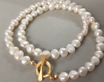 White Baroque Freshwater Pearl choker necklace Gold Vermeil toggle clasp large pearl necklace REAL white Pearl jewellery gift for her mum