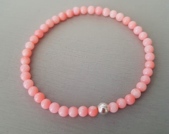 Pink Coral stretch Bracelet Sterling Silver or Gold Fill tiny 4mm salmon pink Coral gemstone bead Bracelet stacking 35th anniversary gift