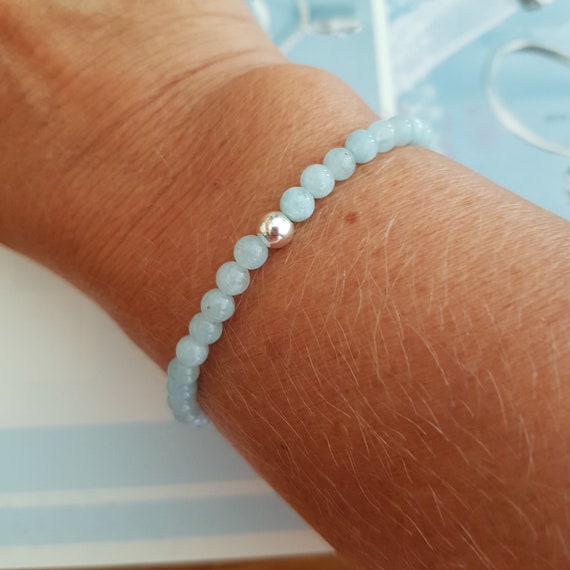 March Birthstone Aquamarine Long Seed Bead Stretch Bracelet 