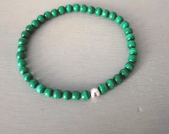 MALACHITE stretch BRACELET with Sterling Silver or 14K Gold Fill accent bead - Malachite jewelry beaded Heart chakra jewellery gift
