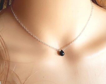 Tiny Black Onyx necklace choker Sterling Silver or Gold Fill Black teardrop gemstone necklace February Birthstone jewellery gift for her mum