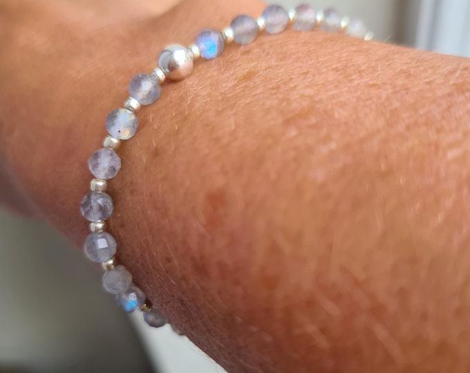 Tiny 4mm faceted Labradorite gemstone bead stretch bracelet  with Sterling Silver or Gold Fill accent bead - Healing Jewellery gift for her