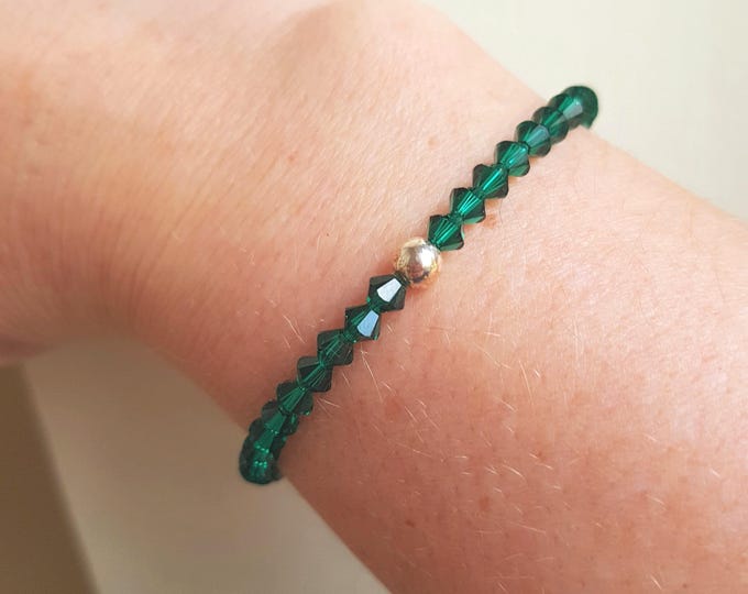 Dark Green crystal stretch bracelet Sterling Silver Gold Filled tiny 4mm Emerald green bead bracelet May Birthstone jewelry gift for her mum