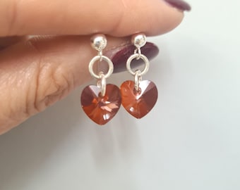 Red Swarovski crystal heart earrings Sterling Silver or 14K Gold Fill small drop Magma red Crystal jewellery gift teenage girl mum sister