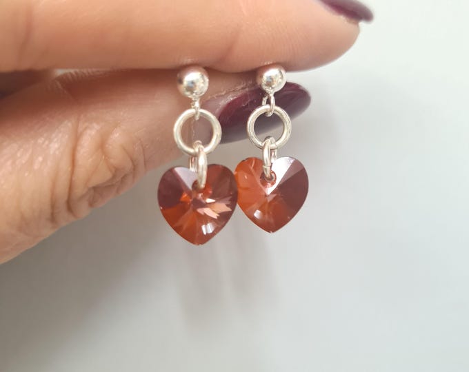 Red Swarovski crystal heart earrings Sterling Silver or 14K Gold Fill small drop Magma red Crystal jewellery gift teenage girl mum sister