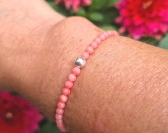 Pink Coral stretch Bracelet Sterling Silver or Gold Fill tiny 3mm beaded Coral gemstone Bracelet salmon pink Coral jewellery gift