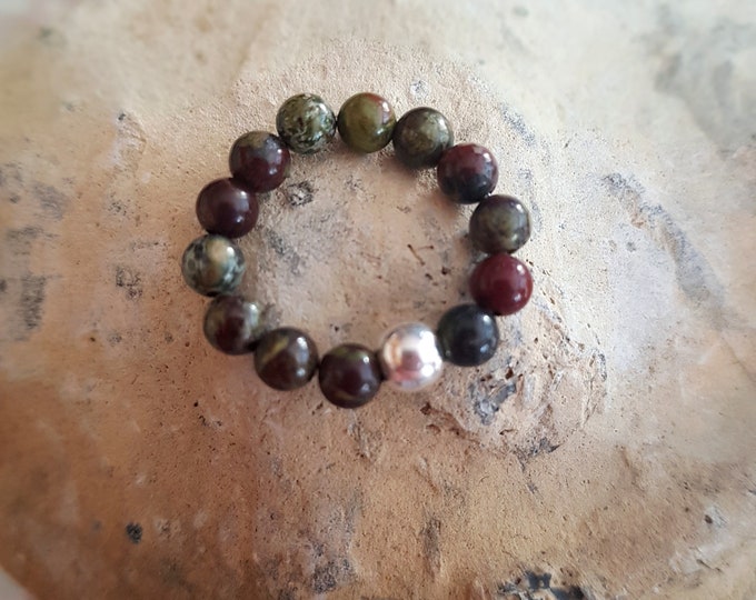 BLOODSTONE stretch ring STERLING SILVER or Gold Fill green red dragon bloodstone gemstone bead ring stacking Healing chakra jewellery gift