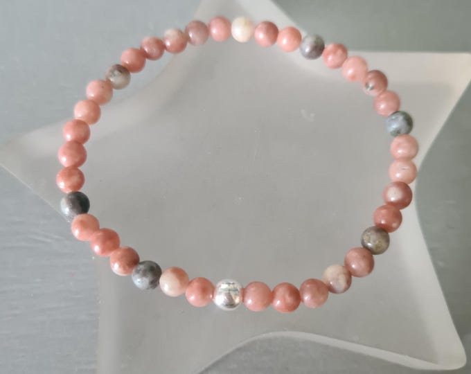Tiny Peach Lepidolite stretch Bracelet with Sterling Silver or 14k Gold Fill bead - Crown Chakra healing jewellery gift