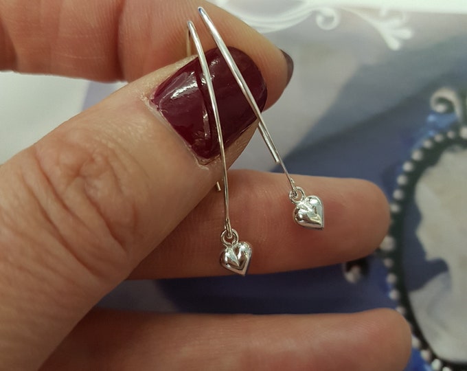 Tiny Sterling Silver heart earrings on long Sterling Silver hooks Small Silver heart earrings simple jewellery girl friend gift child gift