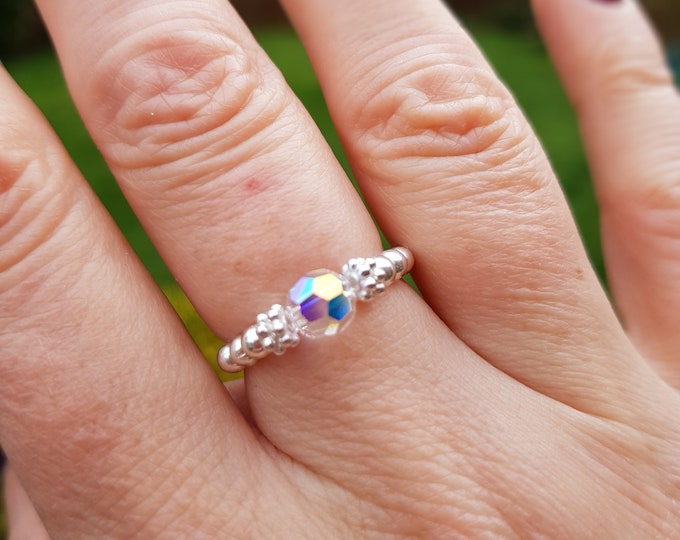 AB SWAROVSKI CRYSTAL Sterling Silver stretch ring beaded clear bead ring Boho stacking ring Ab Swarovski jewellery Arthritis jewelry gift