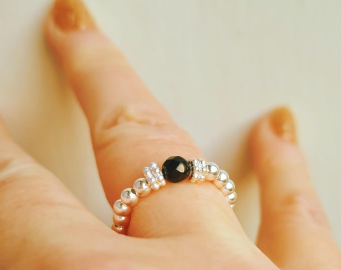 BLACK ONYX stretch ring Sterling Silver Gold Fill Tiny black gemstone bead stacking ring February Birthstone jewellery gift 7th Anniversary