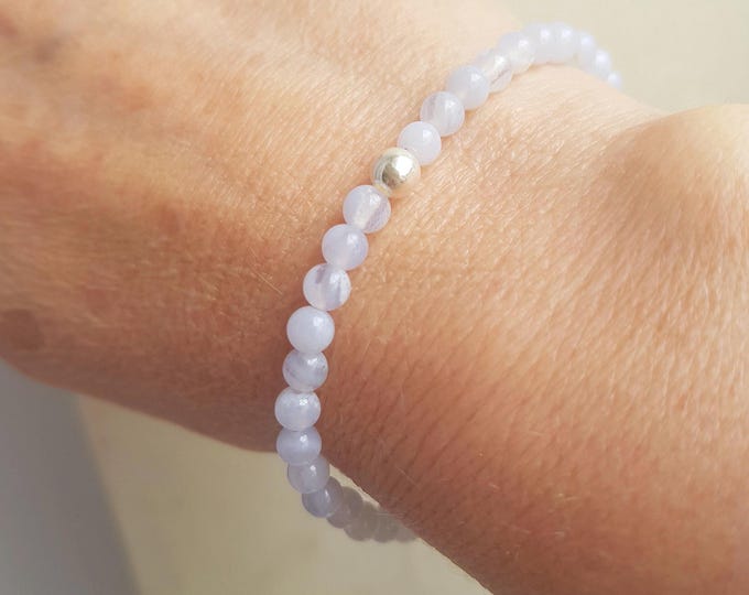 Blue Lace Agate STRETCH Bracelet Sterling Silver 4mm Small light blue GEMSTONE bead Bracelet tiny beaded throat Chakra jewellery healing
