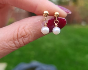 14K Gold Fill Freshwater pearl earrings Stud small tiny genuine 5mm real white pearl drop earring June Birthstone jewellery gift for girl