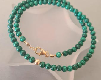 Tiny MALACHITE bead necklace choker in Sterling Silver or Gold Fill Malachite Heart Chakra jewellery gift for Protection