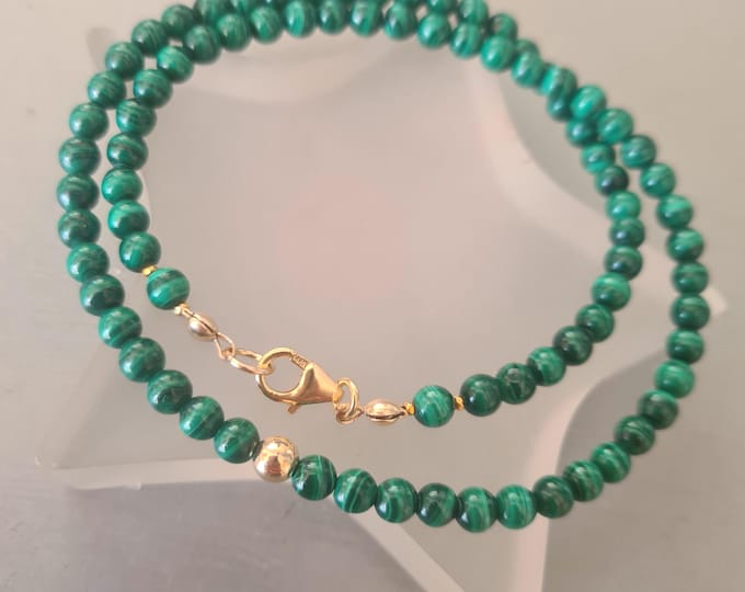 Tiny MALACHITE bead necklace choker in Sterling Silver or Gold Fill Malachite Heart Chakra jewellery gift for Protection