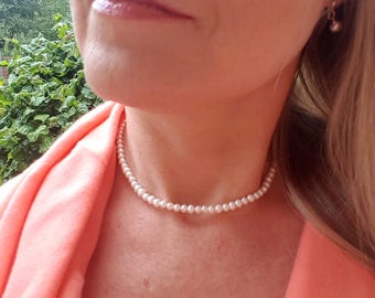 Small Freshwater Pearl necklace choker Sterling Silver or Gold Fill 5mm white AA real pearl necklace June Birthstone jewellery gift for her