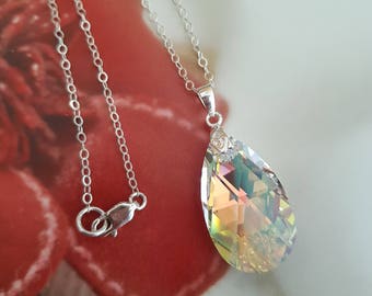 Silver AB crystal teardrop Necklace - large AB clear Primero crystal pendant  Sterling Silver chain customised length gift box for mum