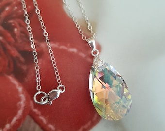 Silver AB crystal teardrop Necklace - large AB clear Primero crystal pendant  Sterling Silver chain customised length gift box for mum