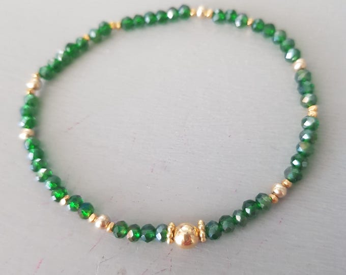 Tiny green AB crystal stretch bracelet Gold Fill or Sterling Silver 3mm small Emerald green beaded bracelet May Birthstone jewellery gift